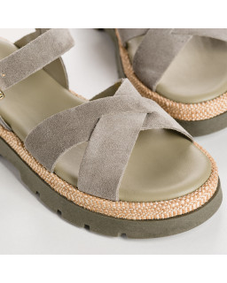 Sandales LOUISA - chaussures femme semelle chunky cuir velours rafia kaki | REQINS