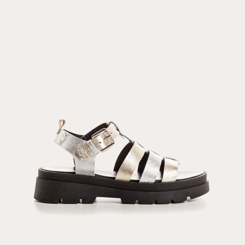 Sandales LOUXOR - chaussures femme semelle chunky cuir argent doré | REQINS