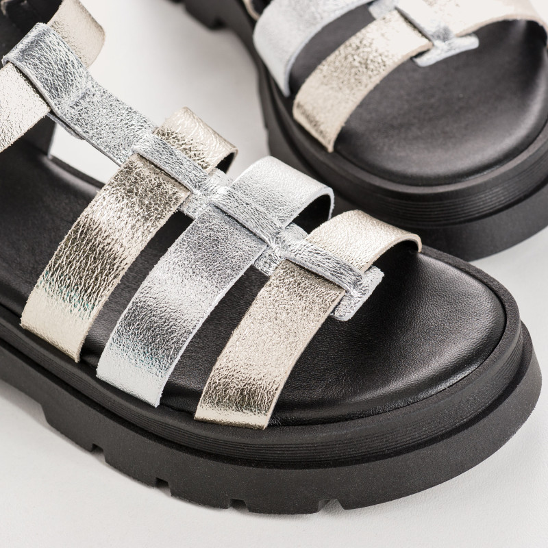 Sandales LOUXOR - chaussures femme semelle chunky cuir argent doré | REQINS