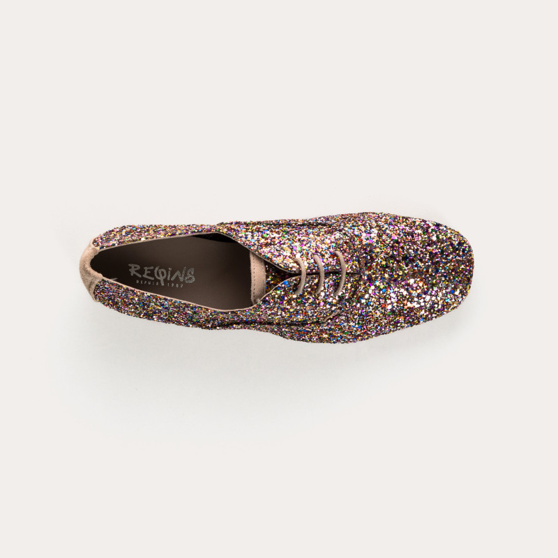 Derbies plates en tissu pailleté avec lacets ton sur ton