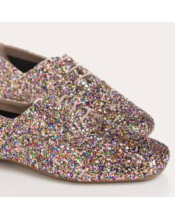 Flat derbies in glitter fabric with laces tone on tone