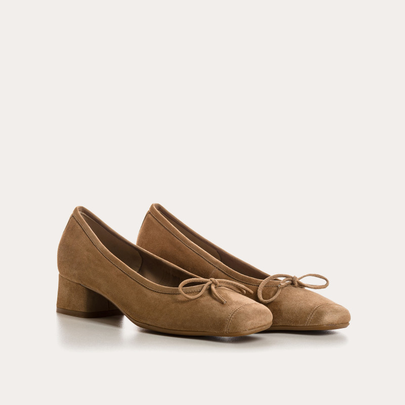 Ballerines à talons en cuir velours avec noeud