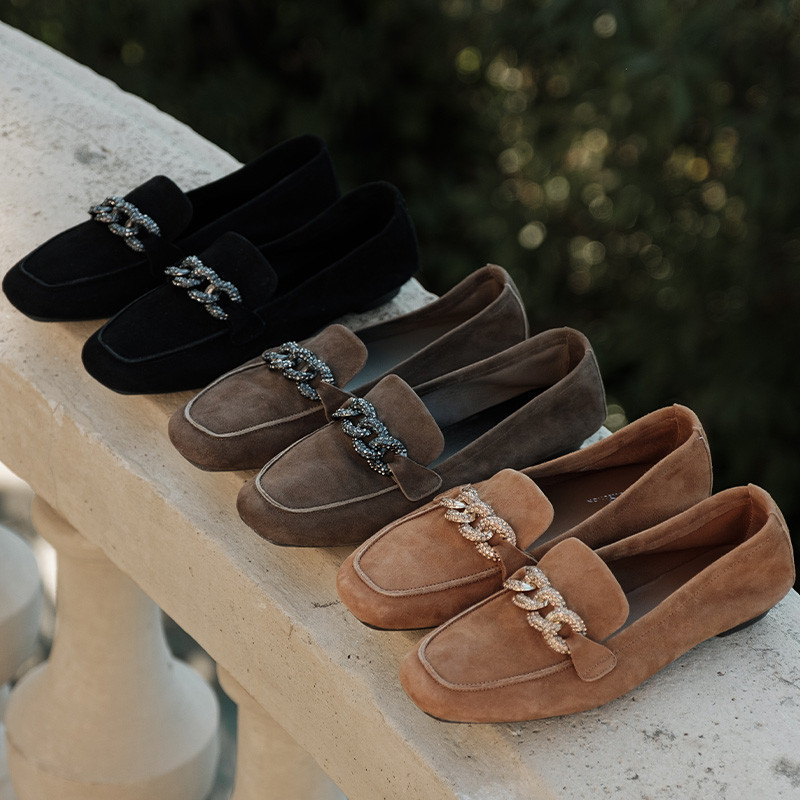 Velvet leather jewelry moccasins with rhinestones