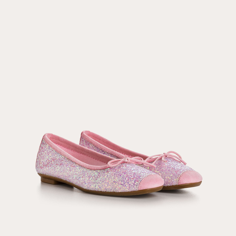 Flat-knotted flat ballerinas with glitter fabric with velvet leather reinforcement