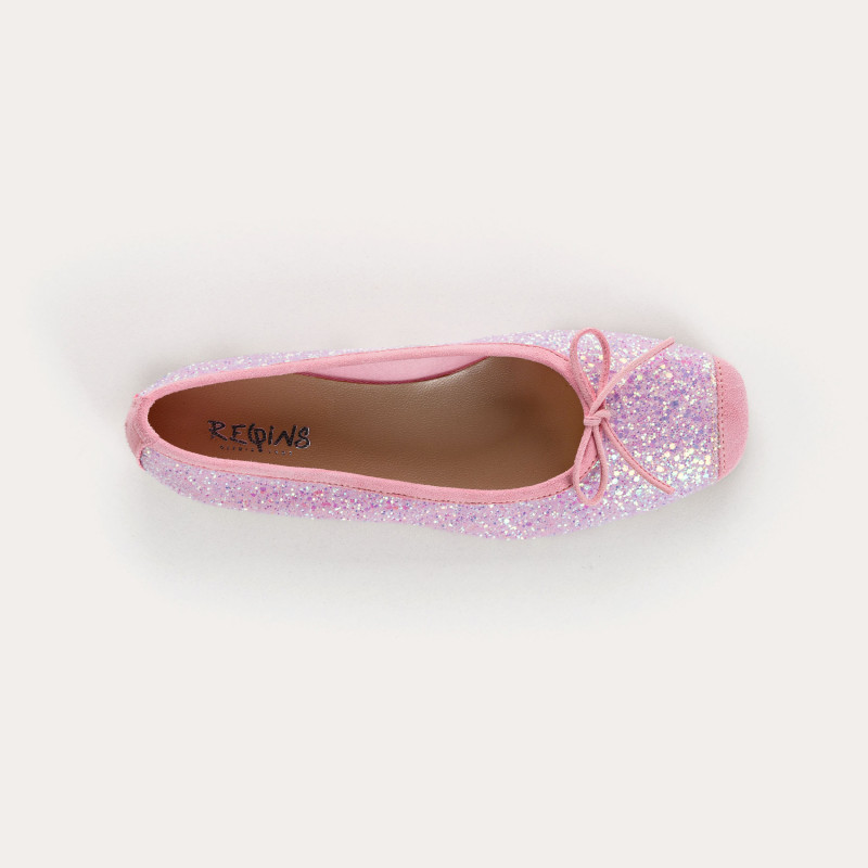 Flat-knotted flat ballerinas with glitter fabric with velvet leather reinforcement