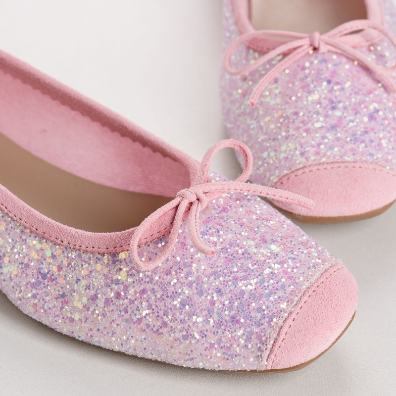 Ballerines plates à nœud en tissu pailleté avec renfort en cuir velours