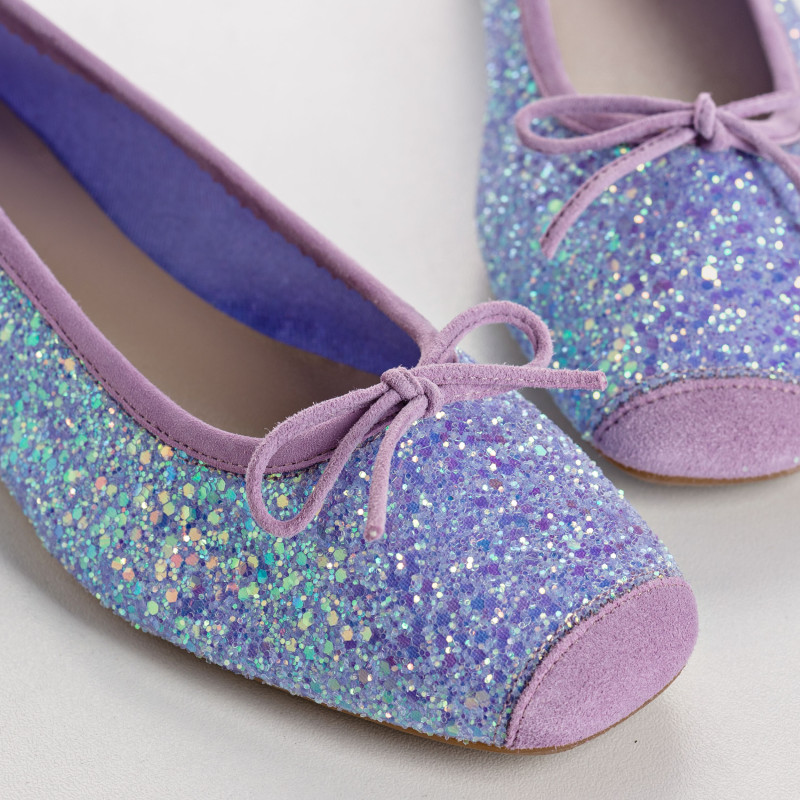 Flat-knotted flat ballerinas with glitter fabric with velvet leather reinforcement