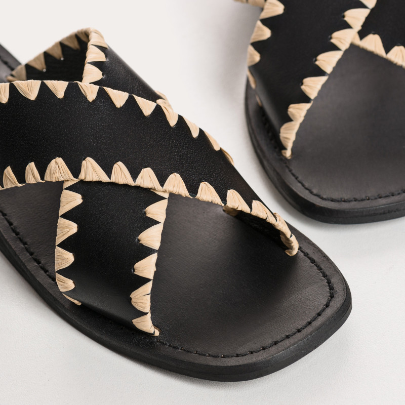 Sandales à brides MAELIE - chaussures plates cuir noir femme | REQINS