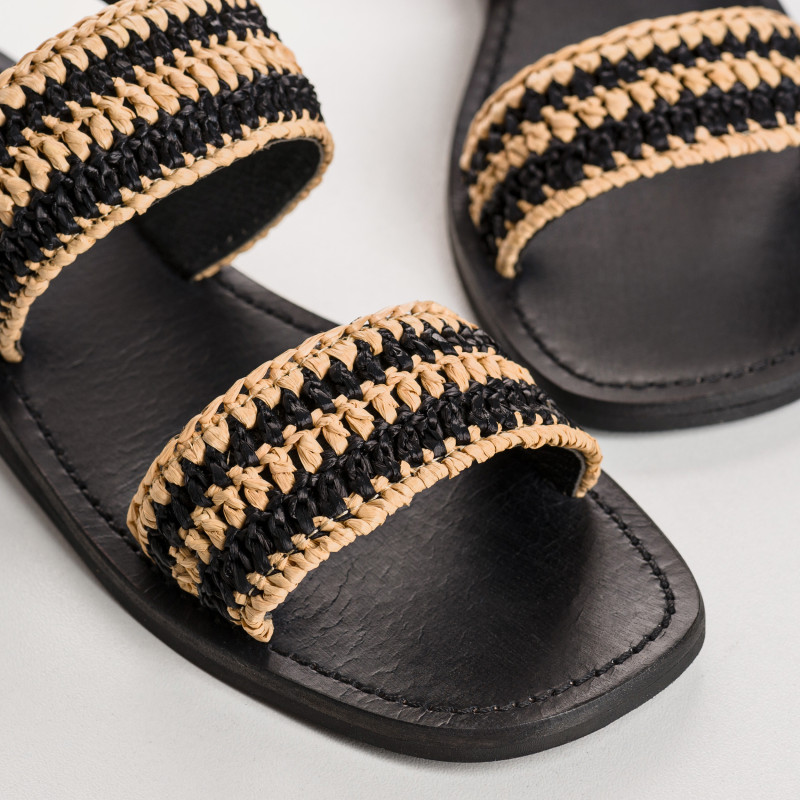 Sandales MEZCAL - chaussures à brides femme cuir rafia tressé noir | REQINS