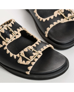 Menorca Sandals - Black Leather Flange Shoes | Reqins