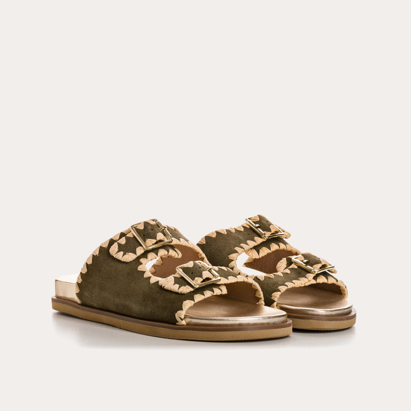Menorca Sandals - Flated Flated Flanges Velvet Kaki | Reqins