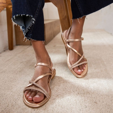 Sandales WINONA - chaussures plates à brides cuir métallisé rose femme | REQINS