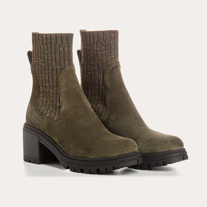 Boots Chelsea à talon en cuir velours avec élastiques