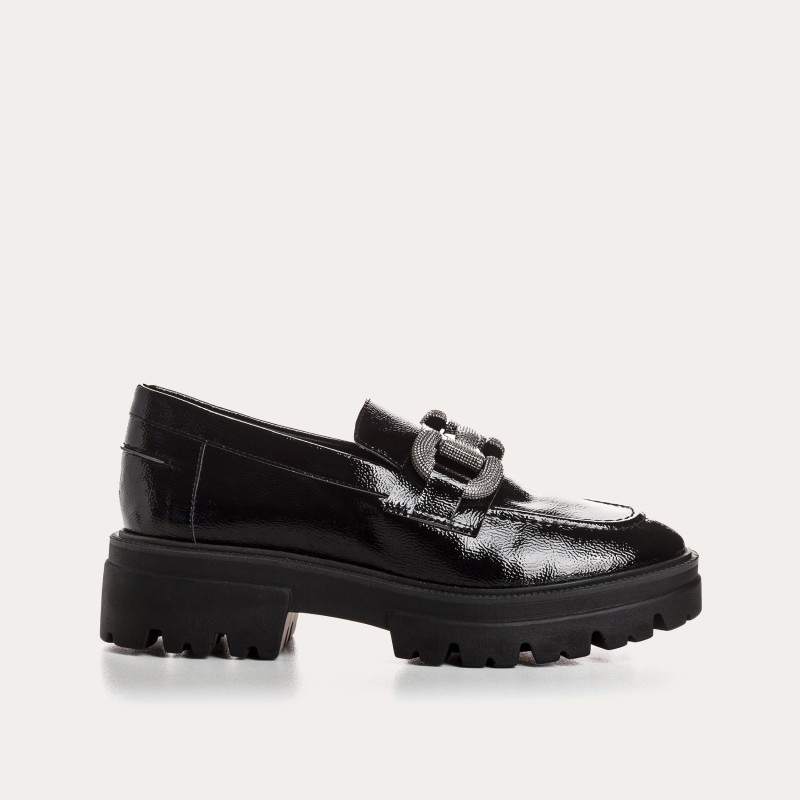Chunky moccasins in black naplak with silver buckles