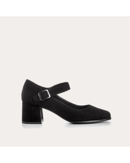 Babies with black heels in velvet leather with golden buckle