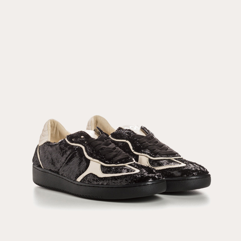 Baskets femme noir/off-white style Charleston en cuir lisse à lacets