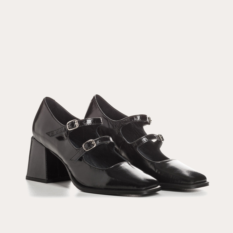 Babies à talons en cuir métallisé avec boucle argentée ou dorée