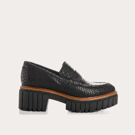 Black Chunky Leather Loafers In Embossed Snake
