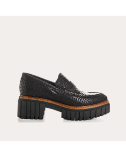 Mocassins chunky noirs en cuir embossé serpent