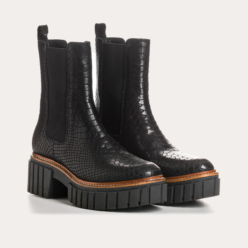 Boots Chelsea noires en cuir embossé python avec élastiques