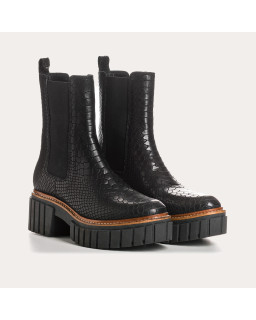 Boots Chelsea noires en cuir embossé python avec élastiques