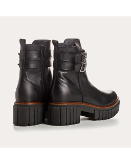 Boots Chelsea en cuir noir avec zip latéral et double boucles