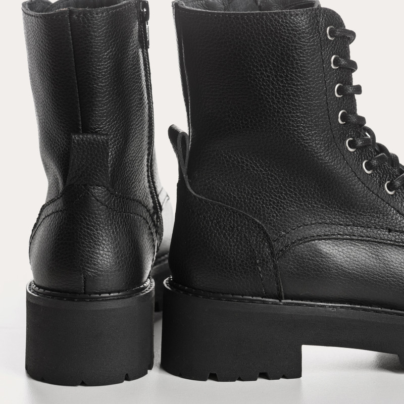Black grained leather lace boots with interior zip