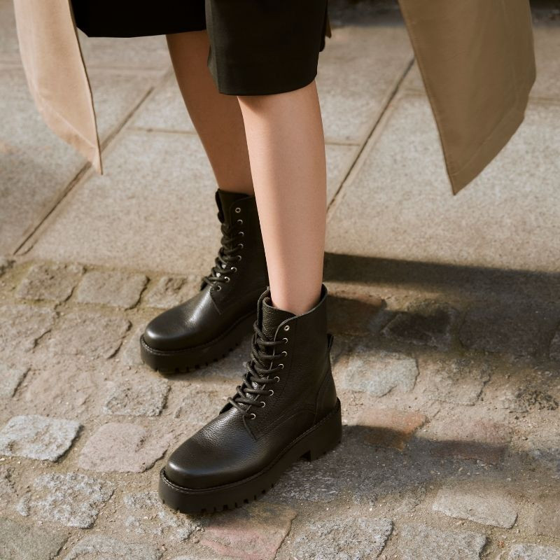 Black grained leather lace boots with interior zip