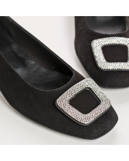 Ballerines à talons en cuir velours avec plaque bijou en métal strass