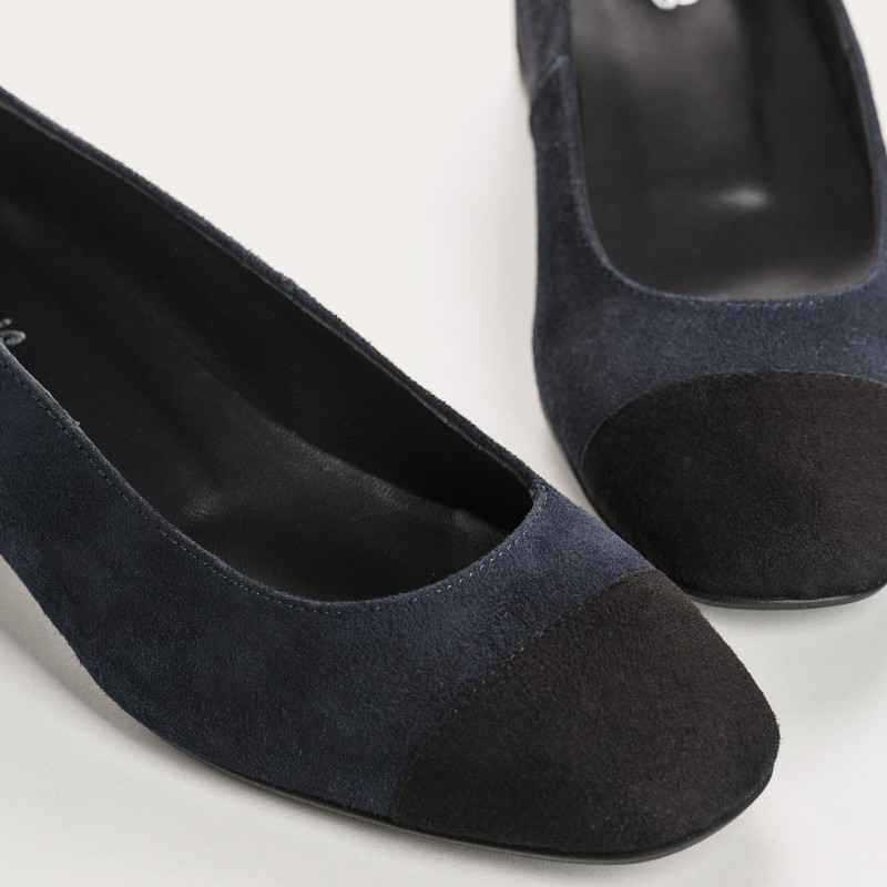 Ballerines à talons bicolores en cuir velours