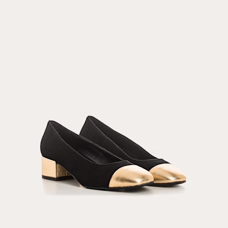 Ballerines à talons bicolores en cuir velours et métal