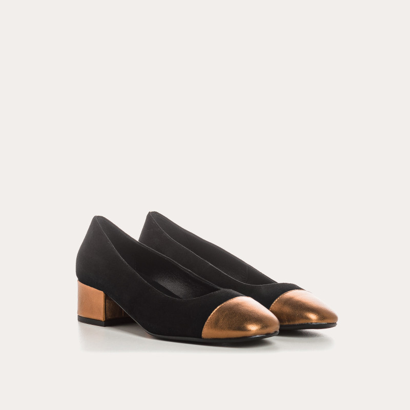 Ballerines à talons bicolores en cuir velours et métal