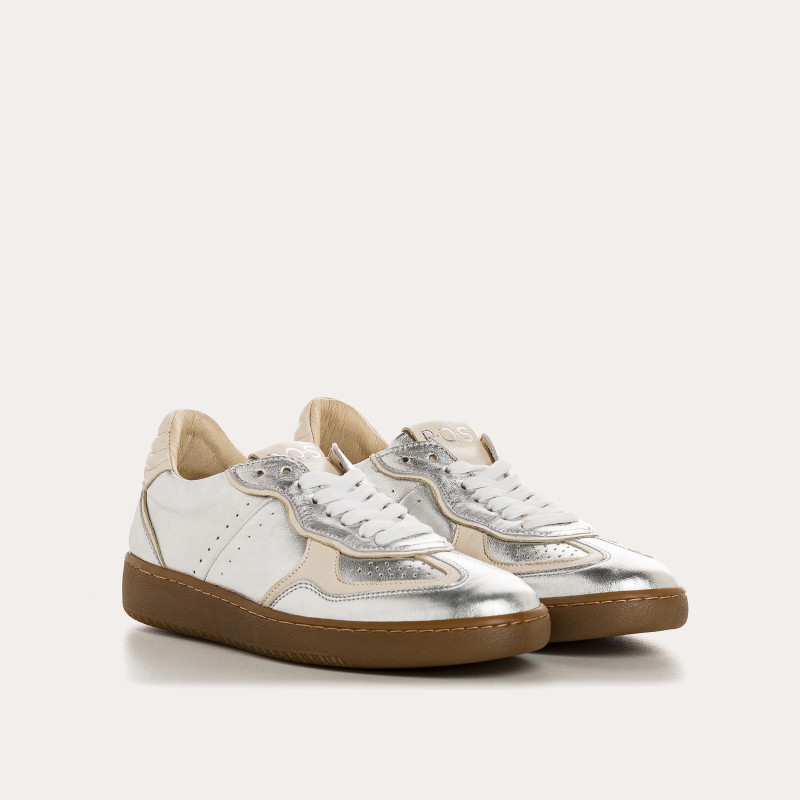 Baskets pour femme en cuir métallisé et cuir lisse à lacets