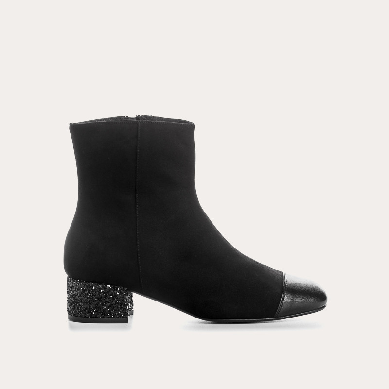 Bottines à talons en cuir velours et glitter
