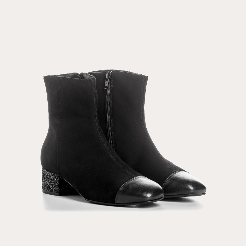 Bottines à talons en cuir velours et glitter