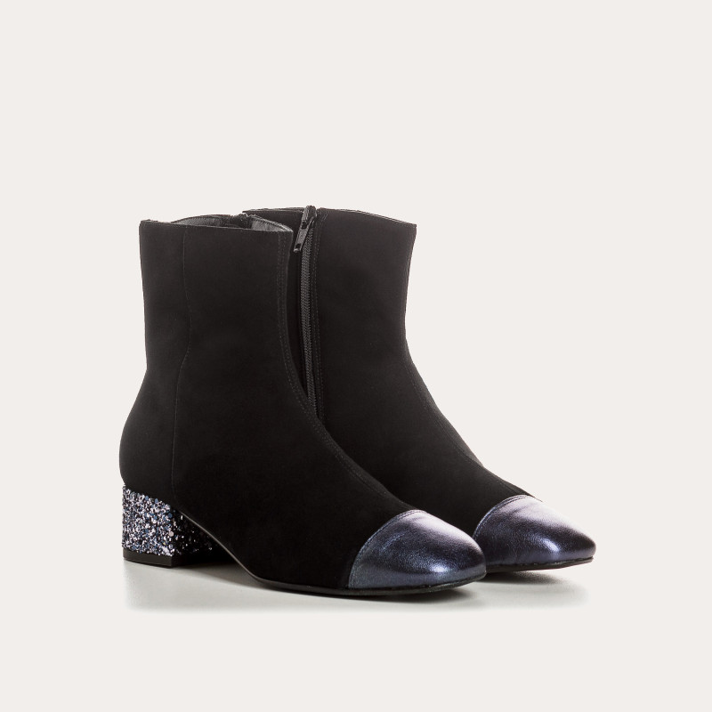 Bottines à talons en cuir velours et glitter