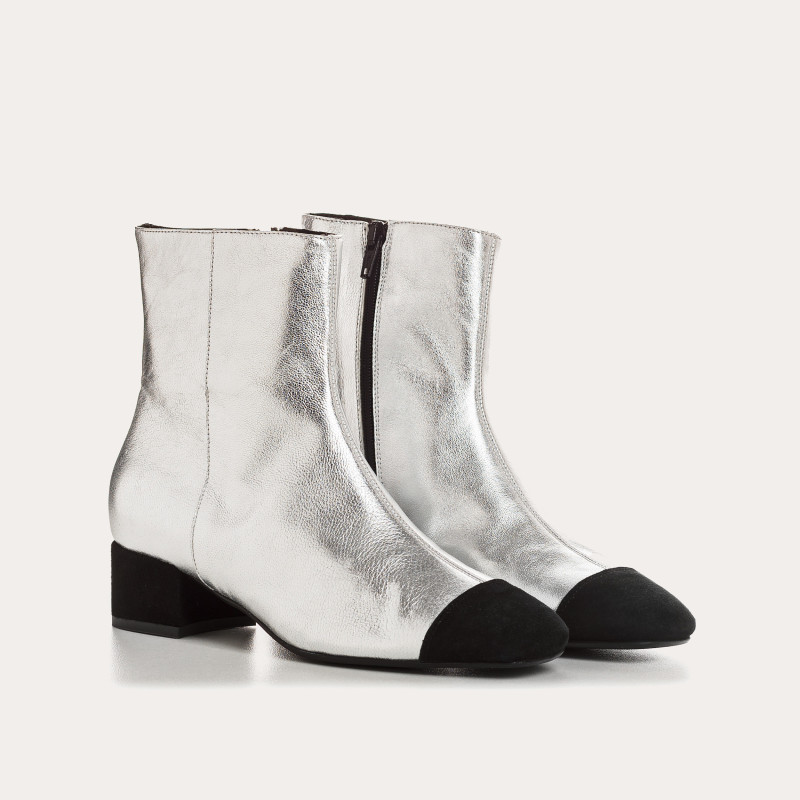 Silver and black metallic leather boots