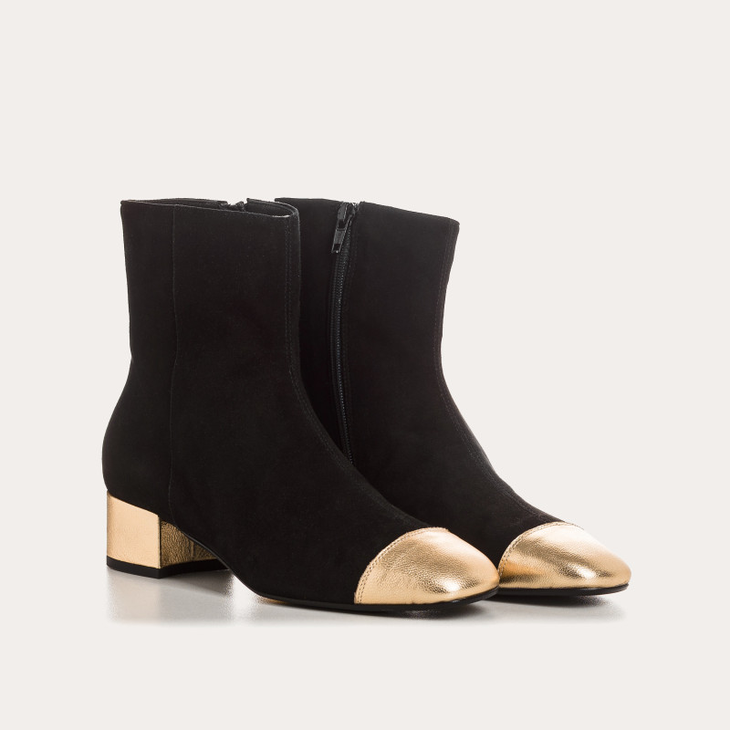 Bottines à talons bicolore en cuir velours et métal noir/or