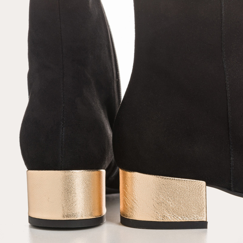 Bottines à talons bicolore en cuir velours et métal noir/or