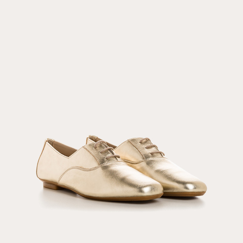 Metallic leather flat derbies with laces tone on tone