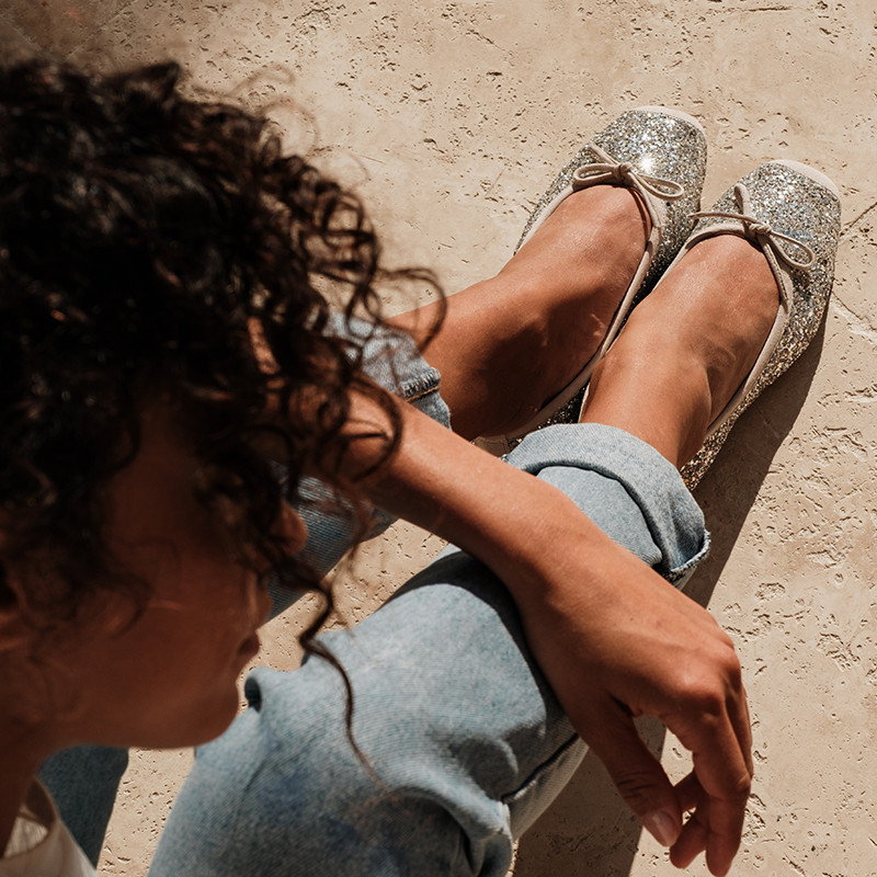 Ballerines plates à paillettes nœud avec bout arrondi