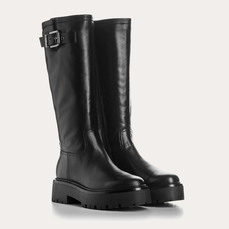 Bottes noires en cuir lisse avec boucles argentées réglables