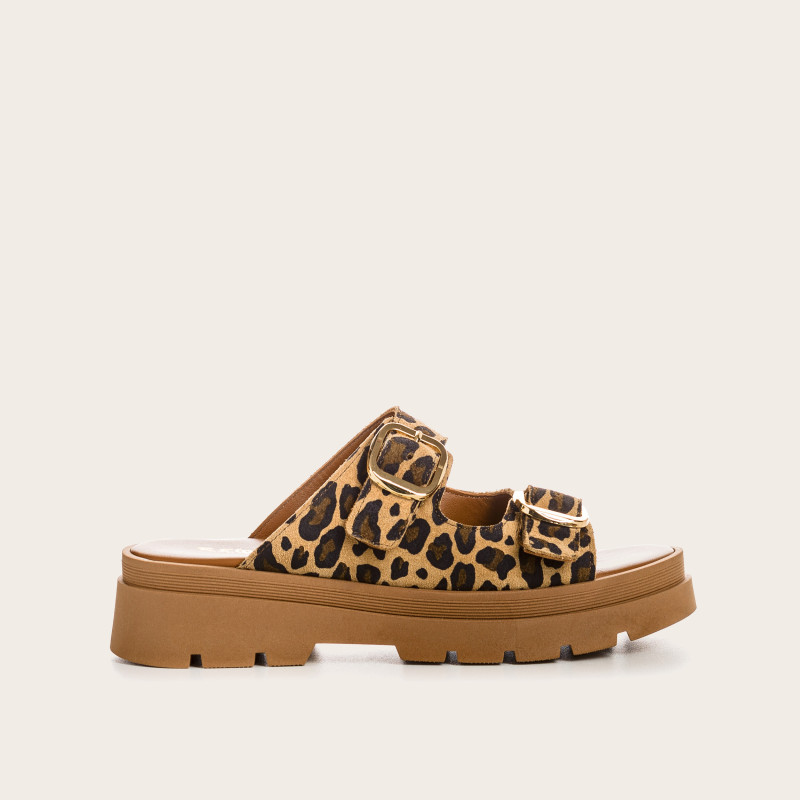 Leopard leather leather mules with golden flanges | Reqins