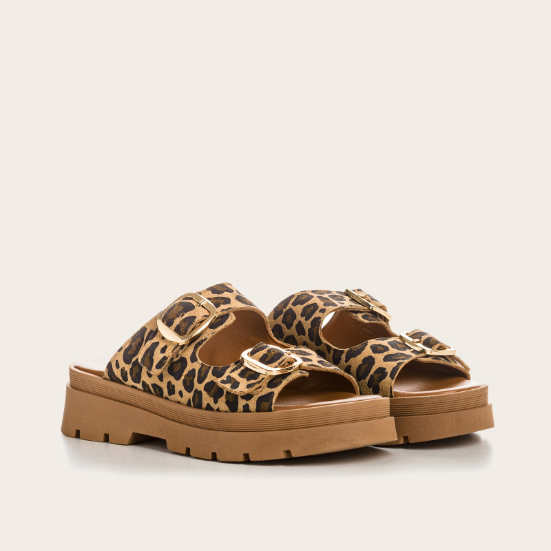 Leopard leather leather mules with golden flanges | Reqins