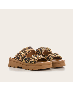 Leopard leather leather mules with golden flanges | Reqins