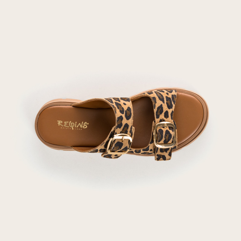 Leopard leather leather mules with golden flanges | Reqins