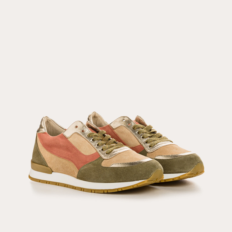 Velvet leather sneakers and black laces metallic / women's vison