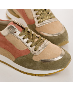 Baskets en cuir velours et métallisé à lacets noir/vison pour femme