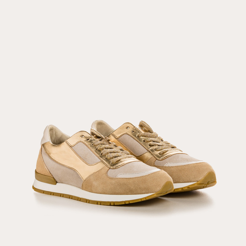 Velvet leather sneakers and black laces metallic / women's vison