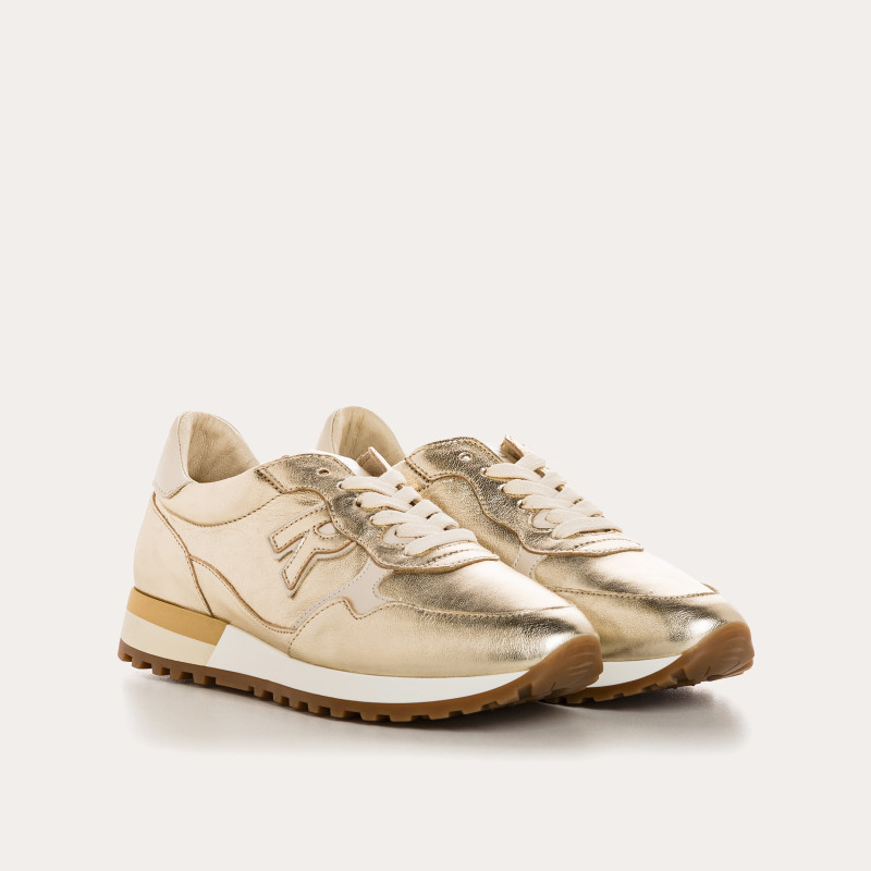 Woman Lace-up Champagne Metallic Leather Sneakers